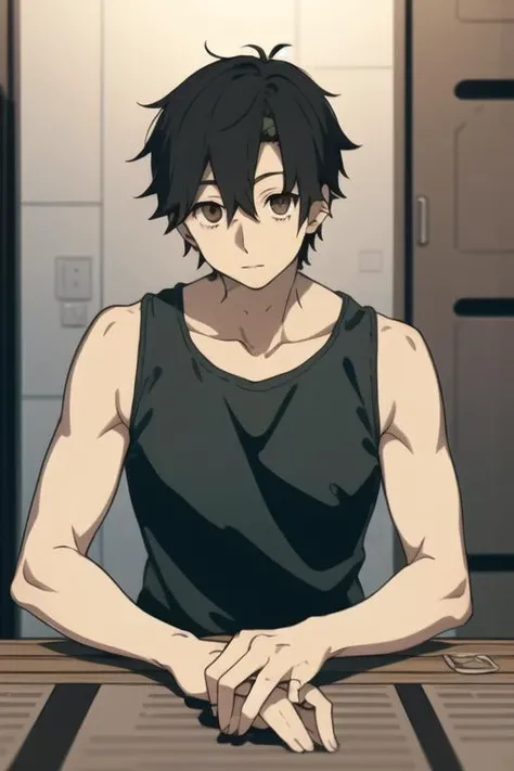 masterpiece, best quality, high quality, 1boy, solo, male focus, looking at viewer, upper body, <lora:kousuke_seto:0.76>, kousuke_seto, black hair, brown eyes, tank top