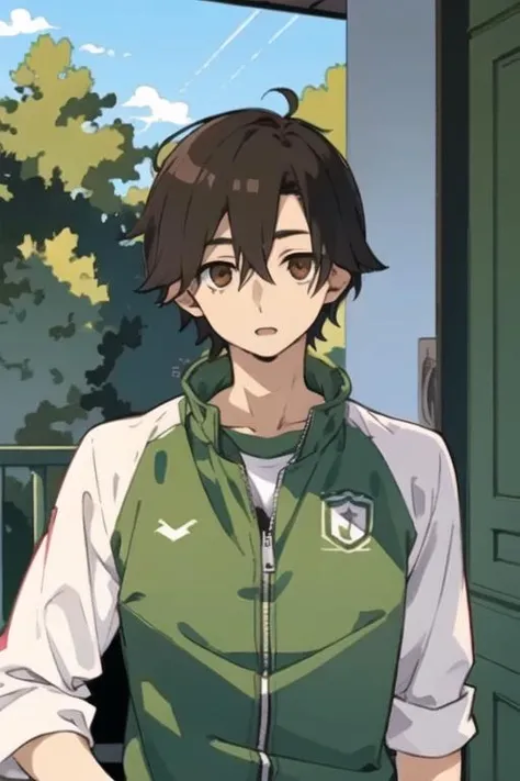 masterpiece, best quality, high quality, 1boy, solo, male focus, looking at viewer, upper body, <lora:kousuke_seto:0.76>, kousuke_seto, black hair, brown eyes, sportswear