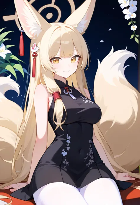 l0lspl4sh, source_anime, score_9, score_8_up, score_7_up, 1girl, fox girl, fox ears, fennec, fox tails, large animal ears, blonde hair, long hair, white pantyhose, black dress, short dress, sleeveless dress, breasts, smile, hair tubes, <lora:oro97_2c:0.9>