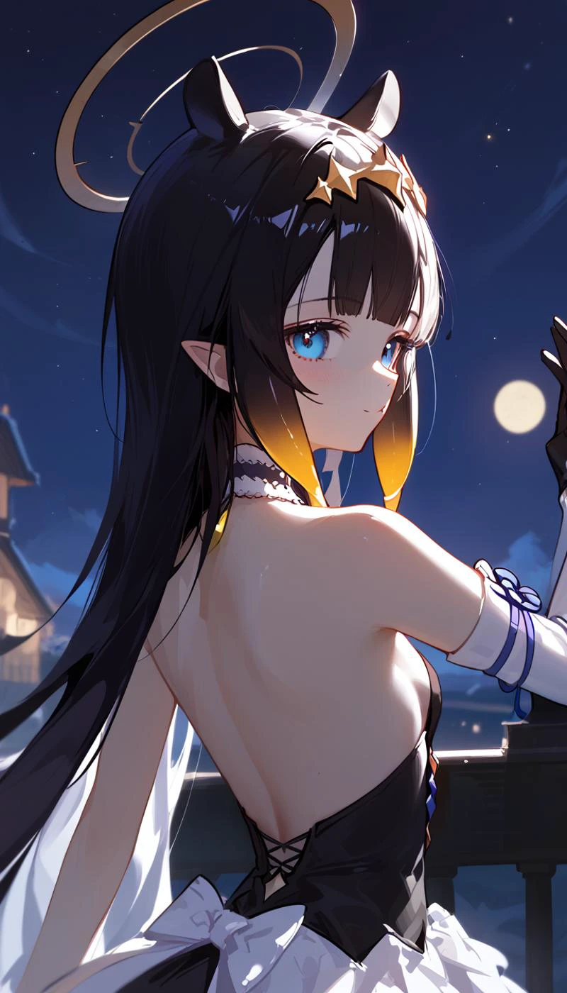 score_9, score_8_up, score_7_up, source_anime,
1girl, (ninomae ina'nis), inapriestess, hololive, back, strapless dress, backless dress, single detached sleeve, black gloves, night, from behind, looking back, bare shoulders, masterpiece,best quality, absurdres, incredibly absurdres, very aesthetic, aesthetic, artist: dino \(dinoartforame\), concept art, realistic, dark theme, low light, ina's back \(meme\), long hair, dino \(dinoartforame\), <lora:add-detail-xl:1> <lora:Concept Art DarkSide Style LoRA_Pony XL v6:0.6>, <lora:DInoballXLlokr8f:0.6>, black hair, upper body, pastel colors, close up, sharp <lora:inaXL:0.7>