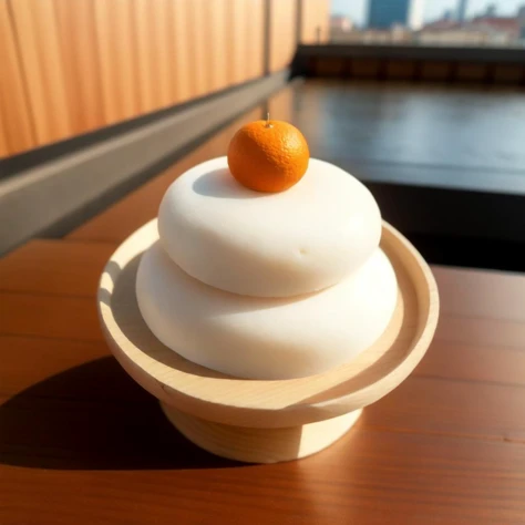 <lora:Rice_cake_for_New_Year's_v1:0.5>, kgmmt, mochi, orange, kagami_mochi, realistic, wood, cityscape, building, architecture, outdoors