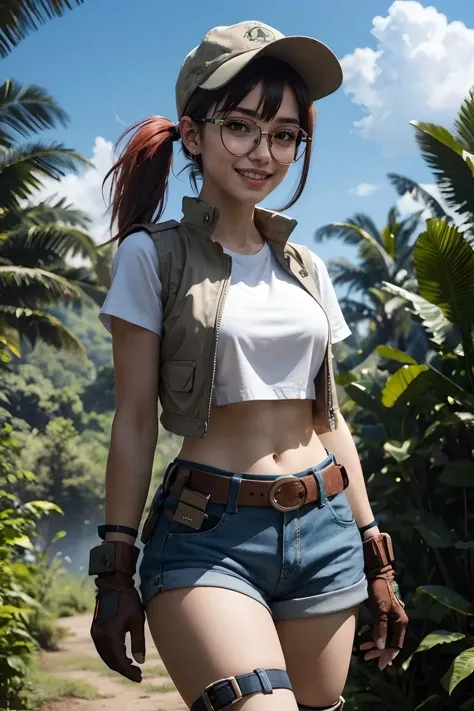 fio, military clothing, round eyewear,baseball hat,crop top,midriff,gloves,knee pads,short shorts,red ponytail,boots,belt,holster,vest, looking at viewer, serious, smiling,
inside a dark cave, squatting, dark, extreme detail, hdr, beautiful quality,<lora:Fio-Germi:.8>