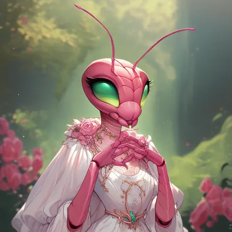 (((beautiful, high quality))), score_9, score_8_up, score_7_up, Thri Kreen, furry insect, colored sclera, beetle antennae, 2 pairs of hands, 1girl, green eyes, pink chitin, white dress, fantasy background, blurred background