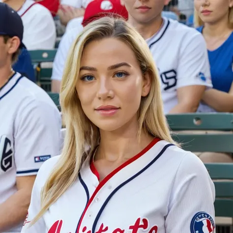 a photo of bl4ke, woman, at a baseball game, wearing a jersey, best quality, detailed skin <lora:blakeblossom_SDXL:0.9>