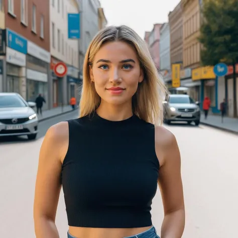 a photo of bl4ke, woman, on a city street, best quality, detailed skin <lora:blakeblossom_SDXL:0.9>