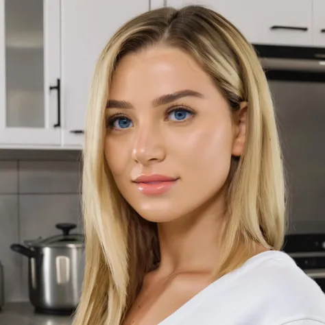 a photo of bl4ke, woman, in a kitchen, best quality, detailed skin <lora:blakeblossom_SDXL:0.9>