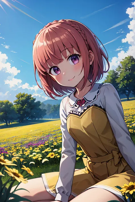 1girl, aikawa aika, purerill, grass, flower, sitting, long sleeves, arm support, yellow dress, collared shirt, yellow bow, camisole over clothes, smile, standing in field of flowers <lora:aikawa_aika_locon_v1:0.7> <lora:fingers4civitai:1:1:lbw=OUTALL>