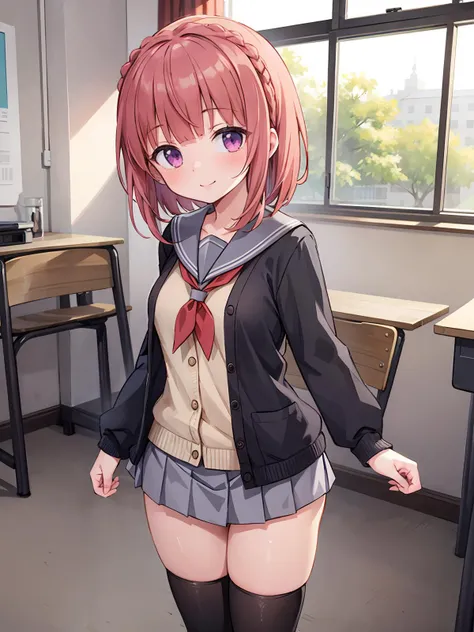 one girl，full body figure，ロリbig breasts、child、low length、very big boobs，big boobs，perfect 5-fingered hands、mini skirt、I can see white panties、whitepanty、shy face、perfect thing、highest quality、big breasts、detailed description、small details、detailed face、white skin、lift skirt、Skirt flip、classroom、erotic pose、Nanoha Takamachi、takamachi nanoha、magical girl lyrical nanoha