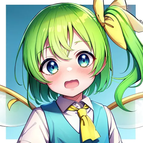 <lora:daiyousei_cut:0.8> face portrait, daiyousei, green hair, short hair, side ponytail, yellow ribbon, blue vest, yellow ascot, white shirt, blue eyes, surprised, flat chest, fairy wings, AS-YoungerV2