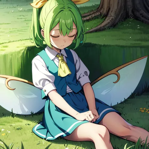 <lora:daiyousei_cut:0.8> sleeping, grass, on grass, barefoot, tree, lying, daiyousei, green hair, short hair, side ponytail, yellow ribbon, blue vest, hair between eyes, yellow ascot, white shirt, fairy wings, puffy short sleeves, blue skirt, flat chest, AS-YoungV2