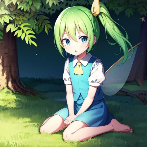 <lora:daiyousei_cut:0.8> sitting, grass, on grass, barefoot, tree, seiza, daiyousei, green hair, short hair, side ponytail, yellow ribbon, blue vest, hair between eyes, yellow ascot, white shirt, blue eyes, surprised, \:o, flat chest, fairy wings, puffy short sleeves, blue skirt, AS-YoungerV2