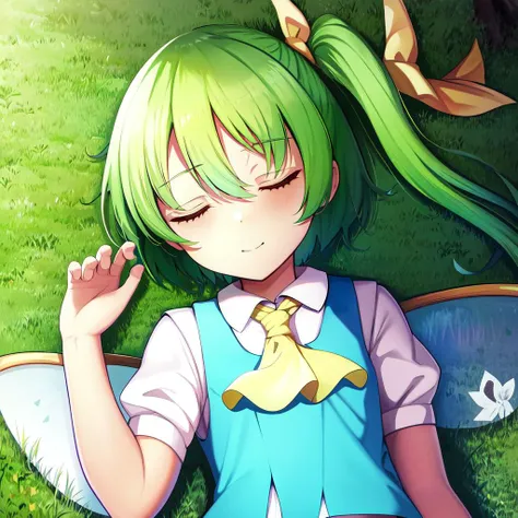<lora:daiyousei_cut:1> sleeping, (light smile:0.8), grass, on grass, barefoot, tree, lying, daiyousei, green hair, short hair, (side ponytail), yellow ribbon, blue vest, hair between eyes, yellow ascot, white shirt, fairy wings, puffy short sleeves, blue skirt, flat chest, AS-YoungV2