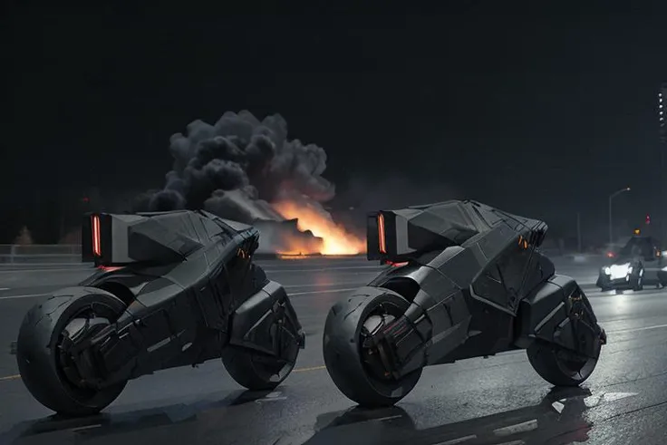 analog gloomy photo of an ((autonomous bike, <lora:wr322ugv:1>)), ((nighttime)), (speeding down an avenue in a city on fire), (explosions in the background), High Detail, Sharp focus, (photorealism), realistic, best quality, 8k, award winning, dramatic lighting, epic, cinematic, masterpiece, rim light, (action movie), war, depth of field, dutch angle, motion blur,