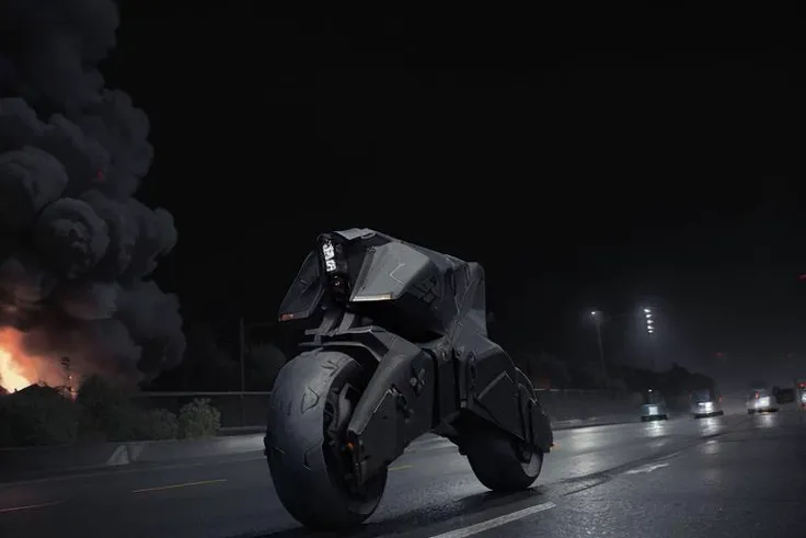 analog gloomy aerial photo of an ((autonomous bike, <lora:wr322ugv:1>)), ((nighttime)), (speeding down an avenue in a city on fire), (explosions in the background), High Detail, Sharp focus, (photorealism), realistic, best quality, 8k, award winning, dramatic lighting, epic, cinematic, masterpiece, rim light, (action movie), war,  depth of field, dutch angle, motion blur,