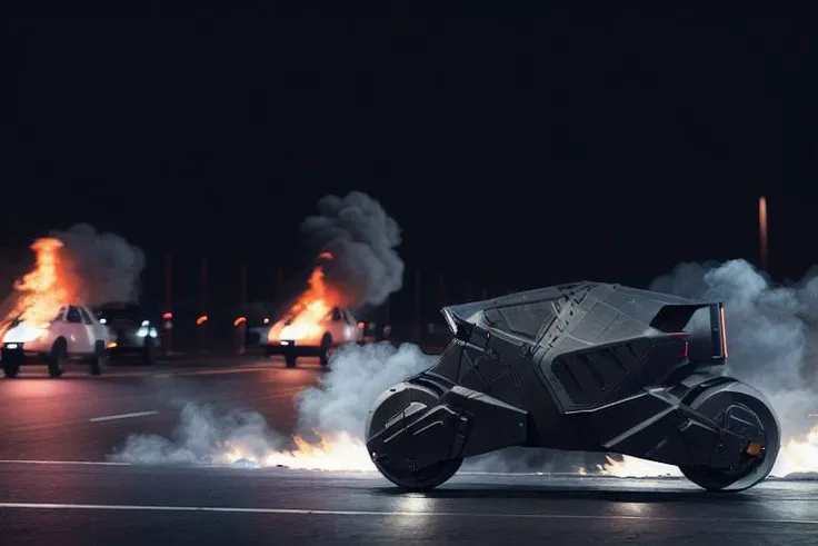 analog gloomy aerial photo of an (autonomous bike, <lora:wr322ugv:1>), ((nighttime)), (speeding down an avenue in a city on fire), (explosions in the background), High Detail, Sharp focus, (photorealism), realistic, best quality, 8k, award winning, dramatic lighting, epic, cinematic, masterpiece, rim light, (action movie), war, depth of field, dutch angle, motion blur,