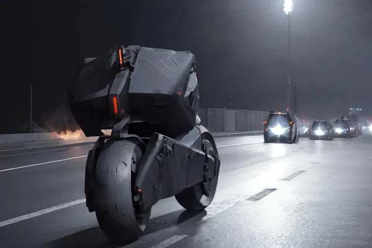 analog gloomy aerial photo of an ((autonomous bike, <lora:wr322ugv:1>)), ((nighttime)), (speeding down an avenue in a city on fire), (explosions in the background), High Detail, Sharp focus, (photorealism), realistic, best quality, 8k, award winning, dramatic lighting, epic, cinematic, masterpiece, rim light, (action movie), war,  depth of field, dutch angle, motion blur,