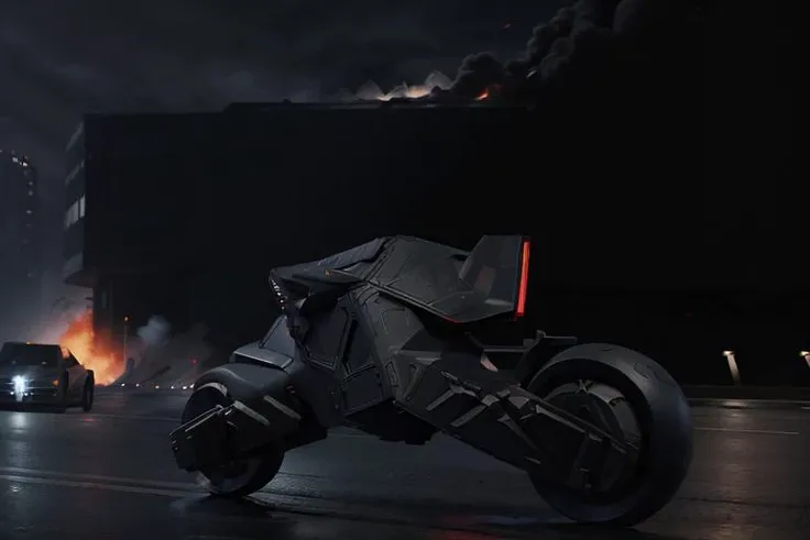 analog gloomy aerial photo of an ((autonomous bike, <lora:wr322ugv:1>)), ((nighttime)), (speeding down an avenue in a city on fire), (explosions in the background), High Detail, Sharp focus, (photorealism), realistic, best quality, 8k, award winning, dramatic lighting, epic, cinematic, masterpiece, rim light, (action movie), war, depth of field, dutch angle, motion blur,