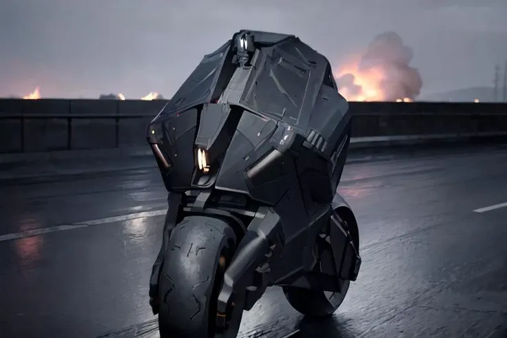 analog gloomy aerial photo of an ((autonomous bike, <lora:wr322ugv:1>)), ((nighttime)), (speeding down an avenue in a city on fire), (explosions in the background), High Detail, Sharp focus, (photorealism), realistic, best quality, 8k, award winning, dramatic lighting, epic, cinematic, masterpiece, rim light, (action movie), war, depth of field, dutch angle, motion blur,