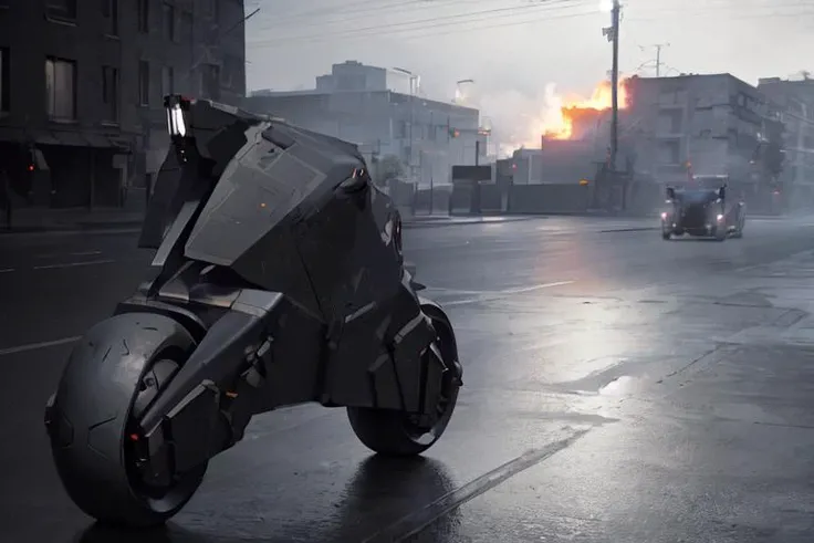 analog gloomy aerial photo of an ((autonomous bike, <lora:wr322ugv:1>)), ((nighttime)), (speeding down an avenue in a city on fire), (explosions in the background), High Detail, Sharp focus, (photorealism), realistic, best quality, 8k, award winning, dramatic lighting, epic, cinematic, masterpiece, rim light, (action movie), war,  depth of field, dutch angle, motion blur,