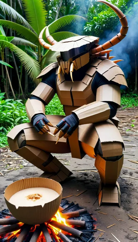 <lora:CardboardStyleXL:1>CardboardStyle Malaysian island dweller cooking a large coconut crab on open fire, made from (textured:0.7) cardboard, simple, basic, corrugated, hand-crafted, in location: robotic wasteland, <lora:add-detail-xl:0.5>