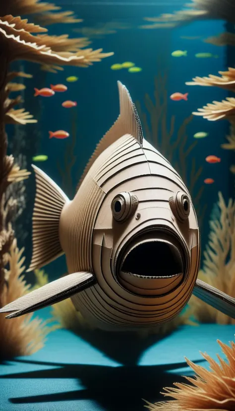<lora:CardboardStyleXL:1>CardboardStyle fish, made from (textured:0.7) cardboard, simple, basic, corrugated, hand-crafted, in location: dungeon, <lora:add-detail-xl:0.5>