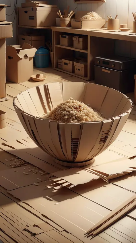 <lora:CardboardStyle:1> CardboardStyle an empty bowl with a few rice grains and broken chinese chopsticks, in poor apartment, dark atmosphere, digital art, trending on artstation, simple, basic, corrugated, cardboard, texture, crafts, (Masterpiece:1.3) (best quality:1.2) (high quality:1.1)