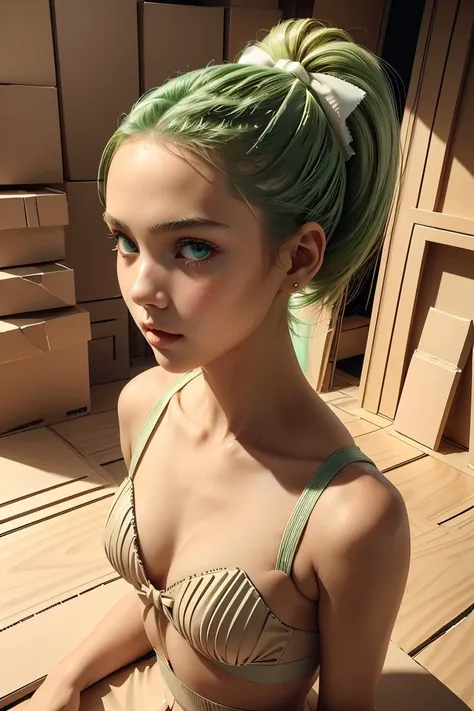 (masterpiece, best quality), 1girl, Pastel Green Slicked-Back High Ponytail with Bow, flat chest, <lora:CardboardStyle:1> CardboardStyle