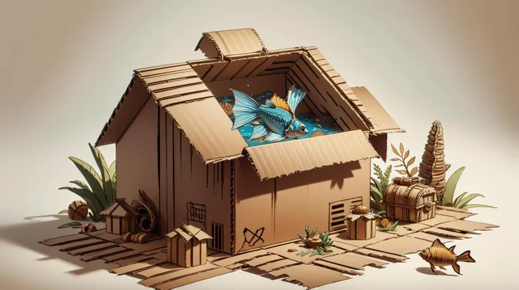 <lora:CardboardStyle:1> CardboardStyle A pet fish swimming around a mini treasure chest in its tank, simple, basic, corrugated, cardboard, texture, crafts, (Masterpiece:1.3) (best quality:1.2) (high quality:1.1)