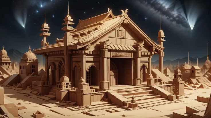 <lora:CardboardStyle:1> CardboardStyle a sprawling temple constructed inside the hollow of a massive comet, simple, basic, corrugated, cardboard, texture, crafts, (Masterpiece:1.3) (best quality:1.2) (high quality:1.1)
