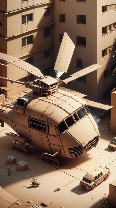 CardboardStyle <lora:CardboardStyle:1> a helicopter flying through a collapsing building while under heavy gunfire, simple, basic, corrugated, cardboard, texture, crafts, (Masterpiece:1.3) (best quality:1.2) (high quality:1.1)