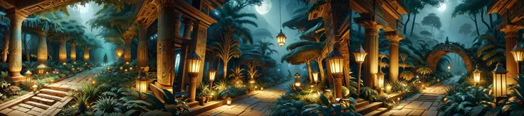 (otherworldly, otherworldly atmosphere, otherworldly appearance), highly insanely detailed, masterpiece, top quality, best quality, highres, 4k, 8k, RAW photo, ((ancient egyptian theme:1.2)), 
a walkway in a garden with lots of green plants and trees on either side of it and a lantern hanging from the ceiling, Florence Engelbach, tone mapping, a flemish Baroque, german romanticism, cinematic composition, beautiful lighting, 
<lora:CardboardStyle:1>,  CardboardStyle, (fantasy world)
