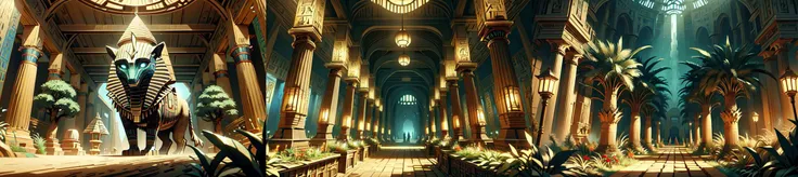 (otherworldly, otherworldly atmosphere, otherworldly appearance), highly insanely detailed, masterpiece, top quality, best quality, highres, 4k, 8k, RAW photo, ((ancient egyptian theme:1.2)), 
a walkway in a garden with lots of green plants and trees on either side of it and a lantern hanging from the ceiling, Florence Engelbach, tone mapping, a flemish Baroque, german romanticism, cinematic composition, beautiful lighting, 
<lora:CardboardStyle:1>,  CardboardStyle, (fantasy world)