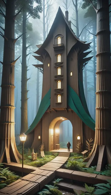 <lora:CardboardStyleXL:1>CardboardStyle a thief hiding in a scarcely lit, eerie forest with tall trees, made from (textured:0.7) cardboard, simple, basic, corrugated, hand-crafted, in location: interdimensional bridge, <lora:add-detail-xl:0.5>