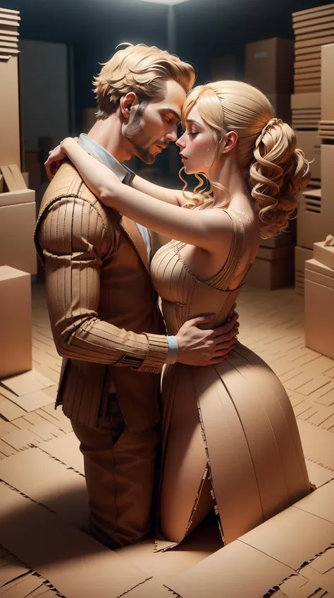 CardboardStyle <lora:CardboardStyle:1> a man leading his wife in a slow dance, his hands tracing the curve of her waist, simple, basic, corrugated, cardboard, texture, crafts, (Masterpiece:1.3) (best quality:1.2) (high quality:1.1)