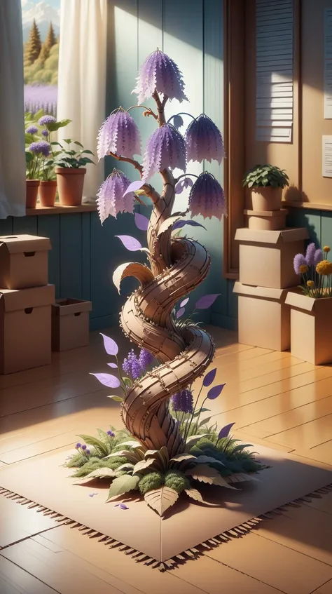 CardboardStyle <lora:CardboardStyle:1> twisting vines of a wisteria tree blooming in cascades of purple flowers, simple, basic, corrugated, cardboard, texture, crafts, (Masterpiece:1.3) (best quality:1.2) (high quality:1.1)