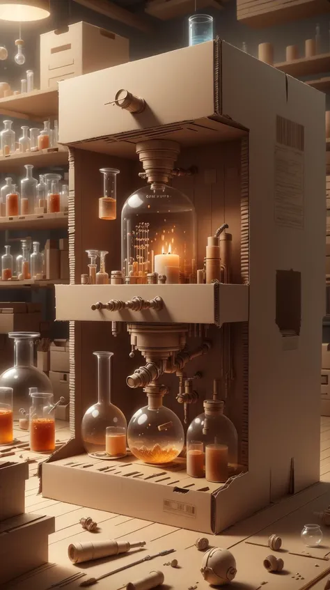 CardboardStyle <lora:CardboardStyle:1> portrait, looking away, solo, (full body:0.6), detailed background, detailed face, (<lora:DecorationBundlev2:0.6> EbonyGoldAI theme:1.1) medieval alchemist, driven, beakers, cluttered,manuscript, intriguing presence, forbidden science, alchemy laboratory in background, candle-lit interior, magical fantasy atmosphere, ethereal ambience, occult hermeticism, shadows, **(modern science, modern equipment, modern laboratory,:1.2),**, simple, basic, corrugated, cardboard, texture, crafts, (Masterpiece:1.3) (best quality:1.2) (high quality:1.1)