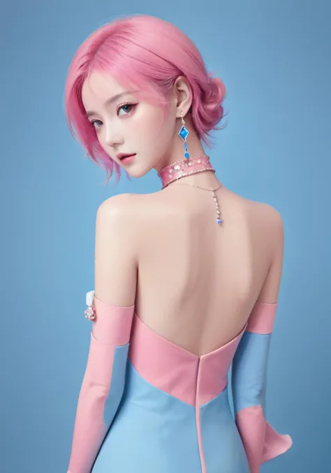 1girl,evening dress,jewelry,look back,<lora:xl-shanbailing-1015contrast:1>,contrast,(color patches:1.1),half pink half blue,block background,earrings,long_gloves,