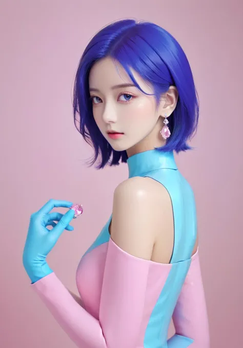 1girl,evening dress,jewelry,look back,<lora:xl-shanbailing-1015contrast:1>,contrast,(color patches:1.1),half pink half blue,block background,earrings,long_gloves,