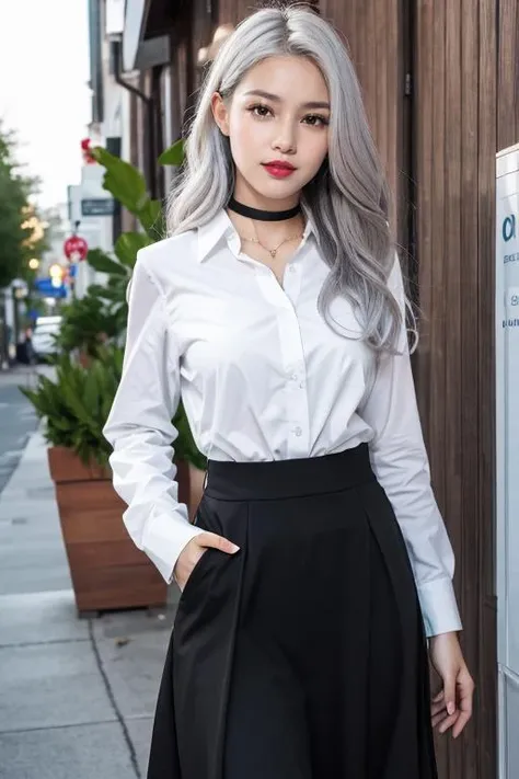 <lora:MAJIXX-形象ç
§:0.7>,majixx,adorable_girl,spider-man,slender,oval face,silver hair,lipstick,mascara,anime_style_blush,big breasts,slender_waist,school_uniform,choker,:d,hands_on_hips,highres,absurdres,incredibly absurdres,wallpaper,realistic,Cinematic Lighting,photo_(medium),fantasy,golden hour lighting,