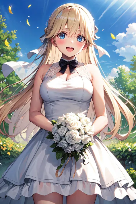 Head to toe,Full body,A young woman with bright blonde long hair is standing next to a bouquet of flowers and wearing a hat. One girl, alone, dragon red eyes, smiling, white background, blush, background, bangs, holding a bouquet, facing forward