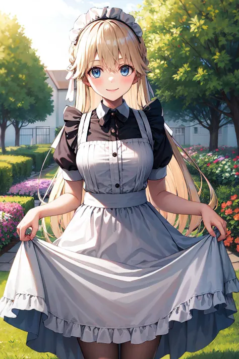 masterpiece, best quality, highres, 1girl, solo, long hair, blonde hair, hair ribbon, bangs, blue eyes, <lora:nanase_tsubasa_v1:0.7>, maid, maid headdress, smile, garden, skirt hold,