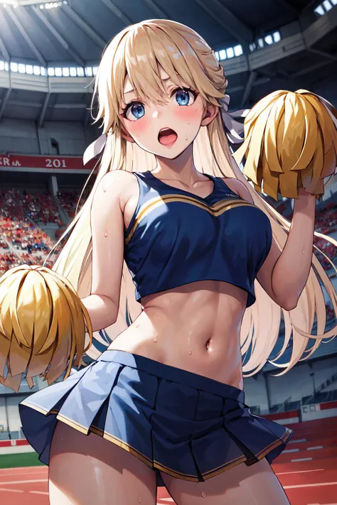 best quality, ultra high res, 1girl, mature woman, blonde long flowing hair, wearing a cheerleader outfit, white cheerleading crop top, white cheerleading skirt, white cheerleading choker, 1girl, beautiful, masterpiece, best quality, extremely detailed face, perfect lighting, 1girl, solo,, , best quality, ultra high res, ultra detailed,, masterpiece, best quality, ,cleavage, seductive smile, mature woman, perfect eyes, perfect face, perfect chin, heavy makeup (eyes, eyebrows, lips), perfect hands, seductive pose,