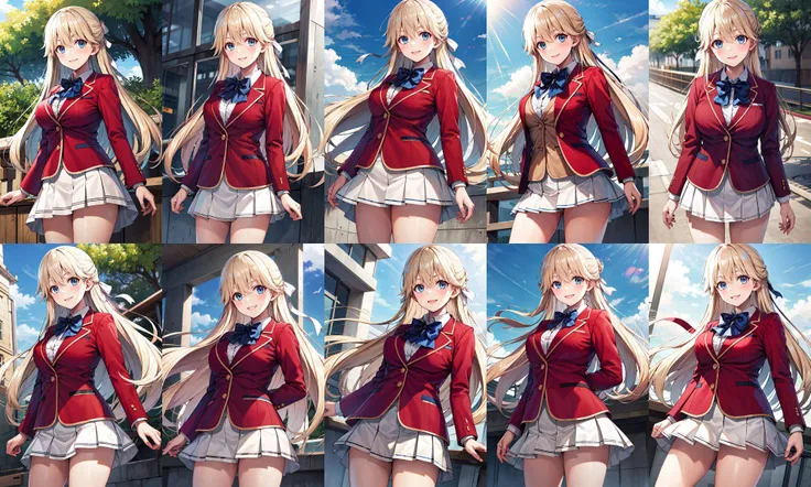masterpiece, best quality, highres, 1girl, solo, long hair, blonde hair, hair ribbon, bangs, blue eyes, blue bowtie, collared shirt, blazer, red jacket, long sleeves, pleated skirt, white skirt, <lora:nanase_tsubasa_v1:0.7>, standing, cowboy shot, outdoors, smile