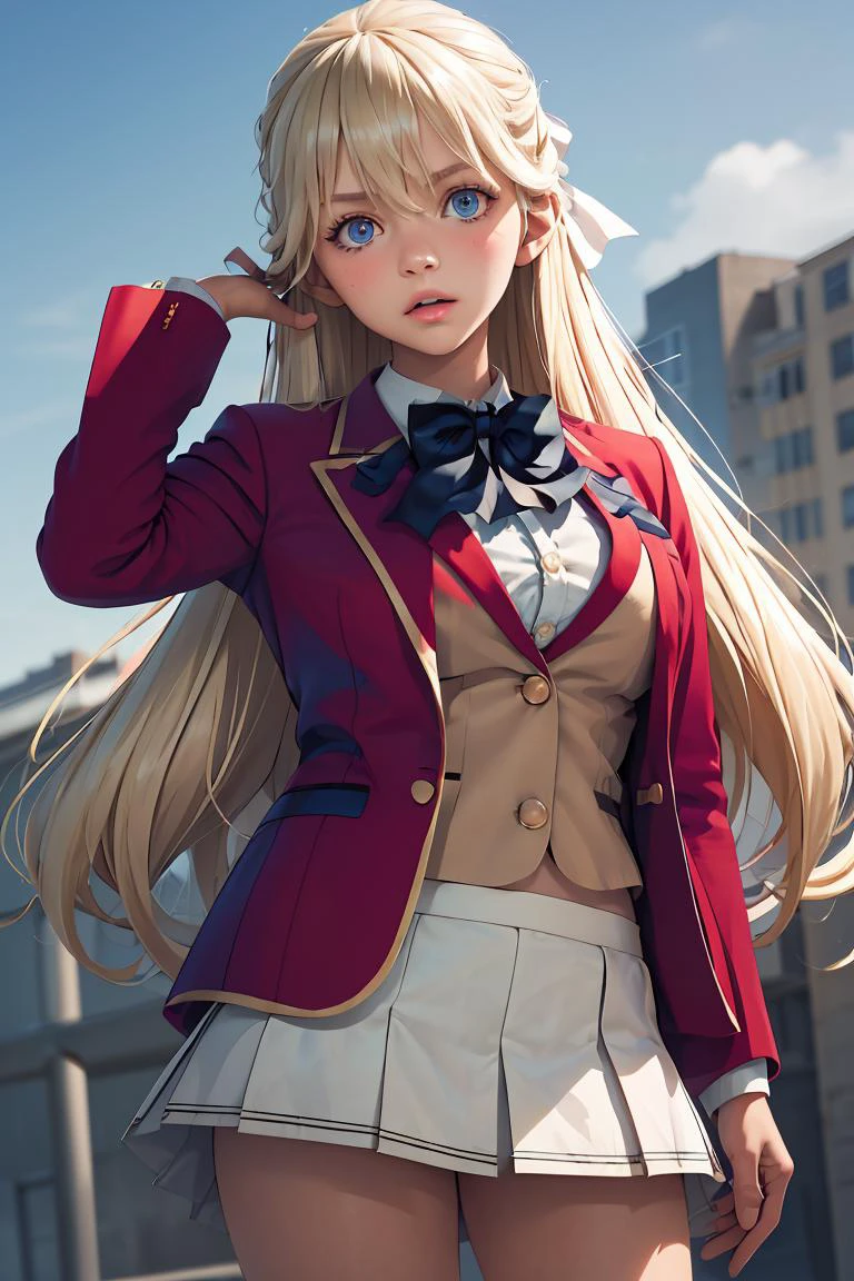 (masterpiece, best quality), 1girl, <lora:nanase_tsubasa_v1:1> 1girl, solo, long hair, blonde hair, hair ribbon, bangs, blue eyes, blue bowtie, collared shirt, blazer, red jacket, long sleeves, pleated skirt, white skirt