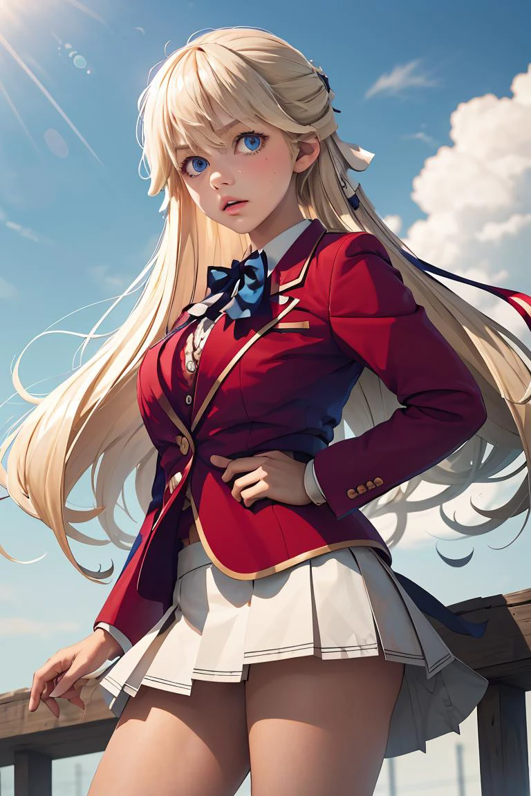 (masterpiece, best quality), 1girl, <lora:nanase_tsubasa_v1:1> 1girl, solo, long hair, blonde hair, hair ribbon, bangs, blue eyes, blue bowtie, collared shirt, blazer, red jacket, long sleeves, pleated skirt, white skirt