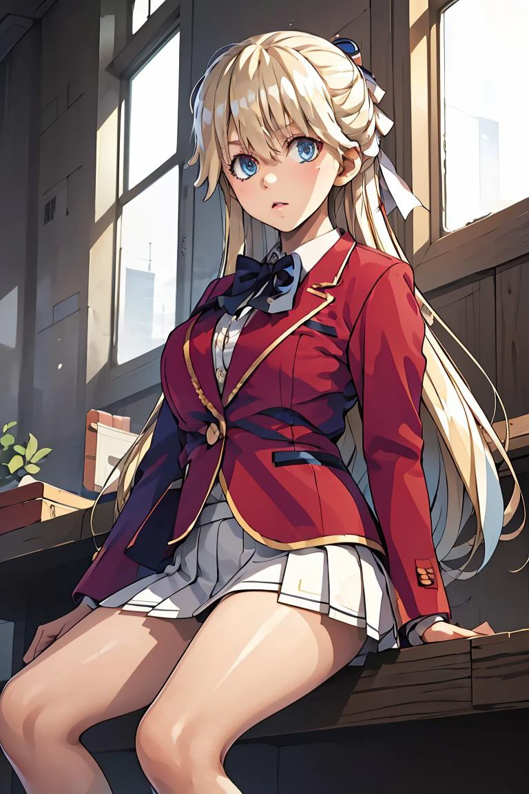 (masterpiece, best quality), 1girl, <lora:nanase_tsubasa_v1:1> 1girl, solo, long hair, blonde hair, hair ribbon, bangs, blue eyes, blue bowtie, collared shirt, blazer, red jacket, long sleeves, pleated skirt, white skirt