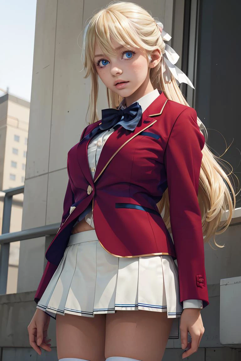 (masterpiece, best quality), 1girl, <lora:nanase_tsubasa_v1:1> 1girl, solo, long hair, blonde hair, hair ribbon, bangs, blue eyes, blue bowtie, collared shirt, blazer, red jacket, long sleeves, pleated skirt, white skirt