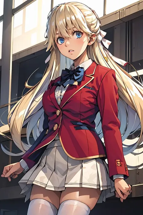 (masterpiece, best quality), 1girl,    <lora:nanase_tsubasa_v1:1> 1girl, solo, long hair, blonde hair, hair ribbon, bangs, blue eyes, blue bowtie, collared shirt, blazer, red jacket, long sleeves, pleated skirt, white skirt