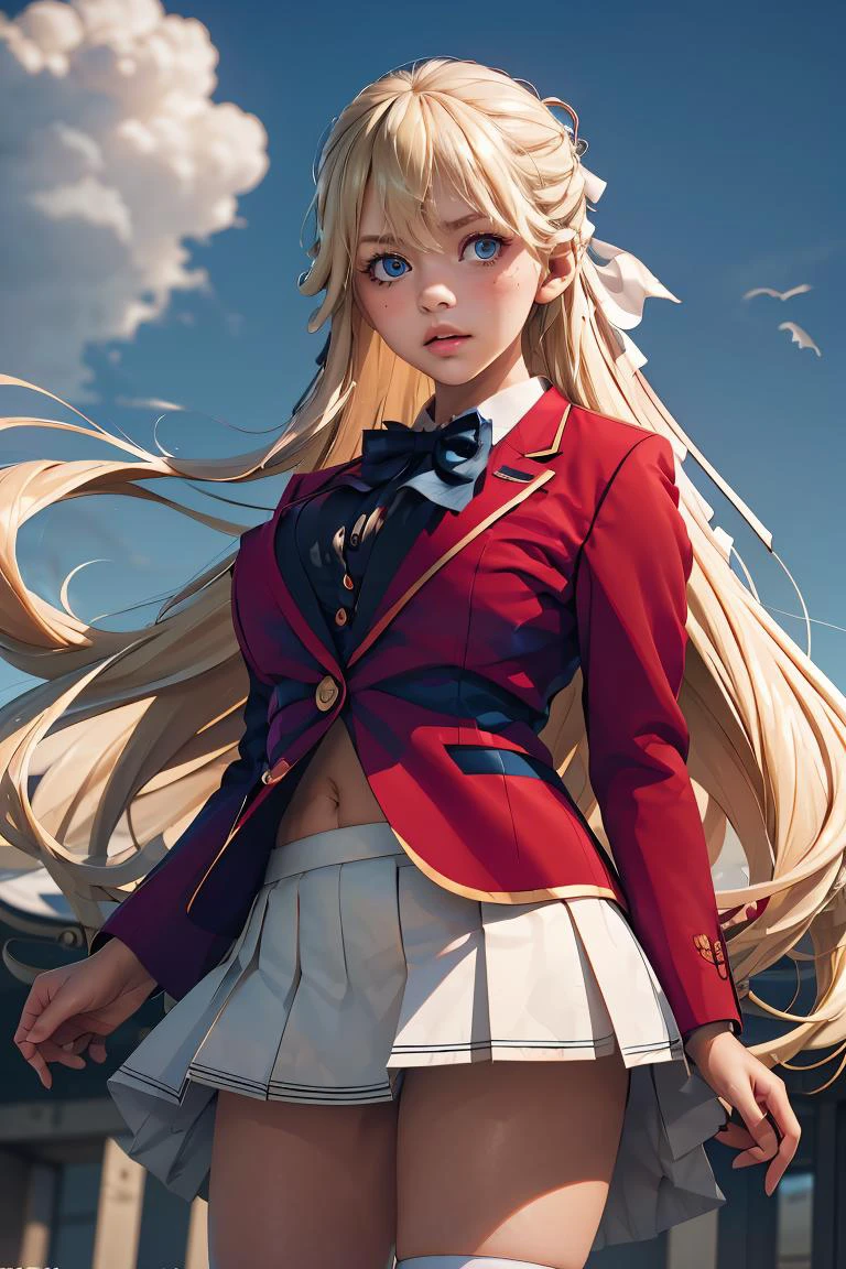 (masterpiece, best quality), 1girl, <lora:nanase_tsubasa_v1:1> 1girl, solo, long hair, blonde hair, hair ribbon, bangs, blue eyes, blue bowtie, collared shirt, blazer, red jacket, long sleeves, pleated skirt, white skirt