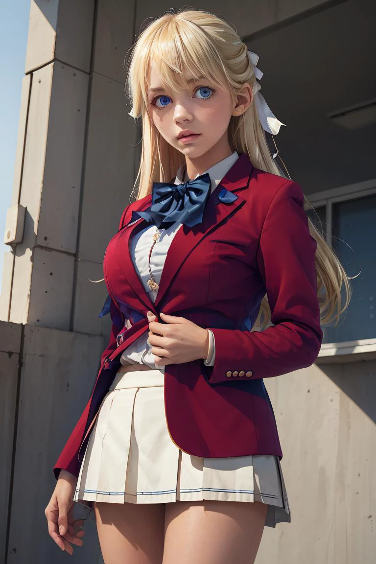 (masterpiece, best quality), 1girl, <lora:nanase_tsubasa_v1:1> 1girl, solo, long hair, blonde hair, hair ribbon, bangs, blue eyes, blue bowtie, collared shirt, blazer, red jacket, long sleeves, pleated skirt, white skirt